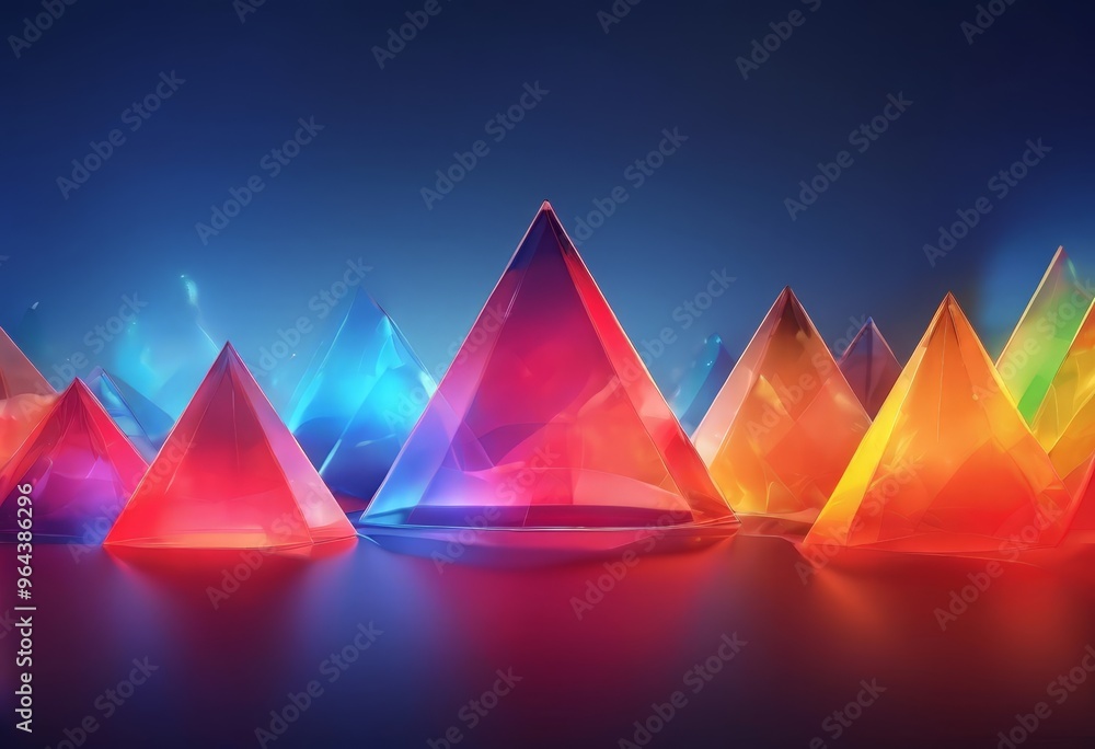 Aufkleber a collection of vibrant, multicolored pyramids arranged in a row, reflecting on a dark surface, with