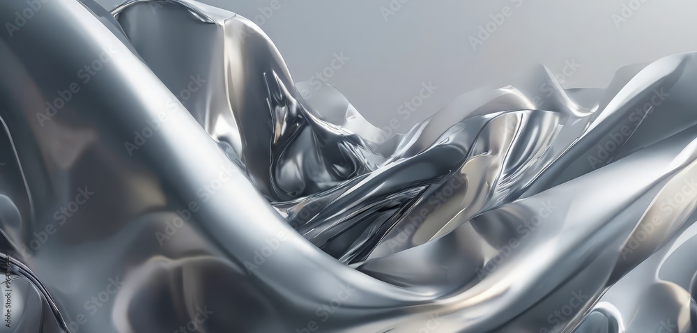 Poster a dynamic, abstract composition of flowing, shiny silver fabric or material, creating a sense of mov