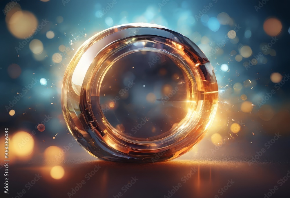 Poster a golden ring with a circular opening sits on a reflective surface, surrounded by a bokeh of golden 
