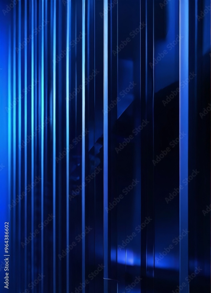 Poster a series of vertical blue lines arranged in a grid-like pattern, creating a sense of depth and persp