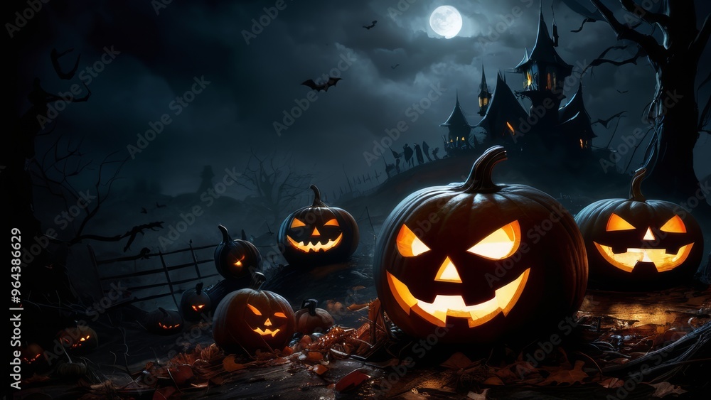 Wall mural halloween background with pumpkin and bats