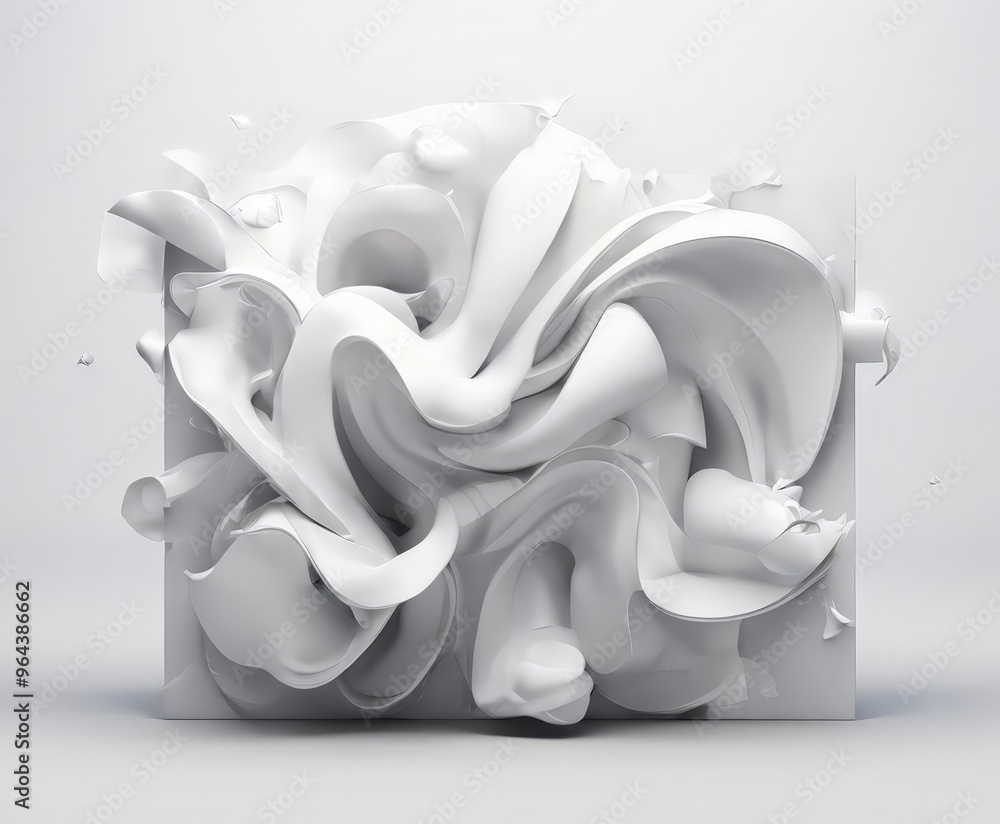 Aufkleber a a white, abstract sculpture composed of overlapping, curving shapes that create a sense of movemen
