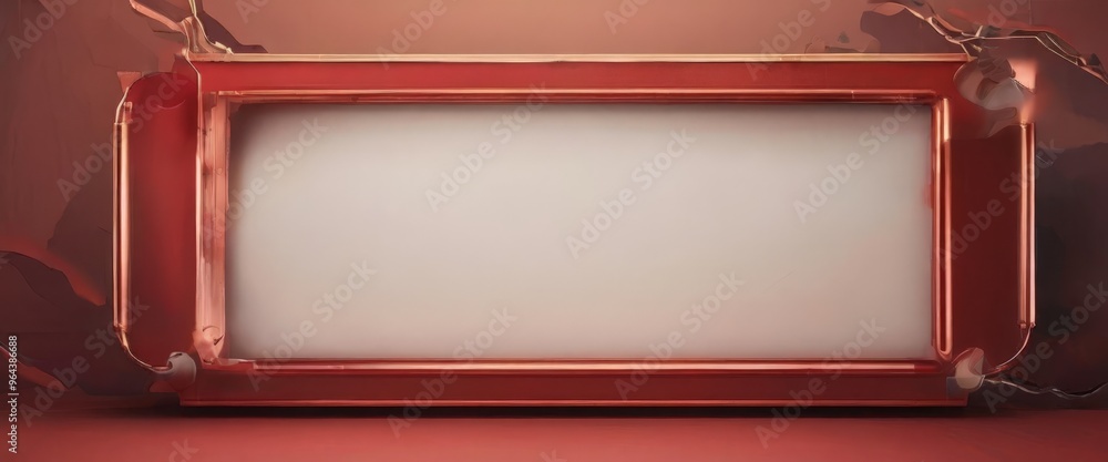 Poster a red, rectangular frame with a blank white center stands against a red background with a blurred, a