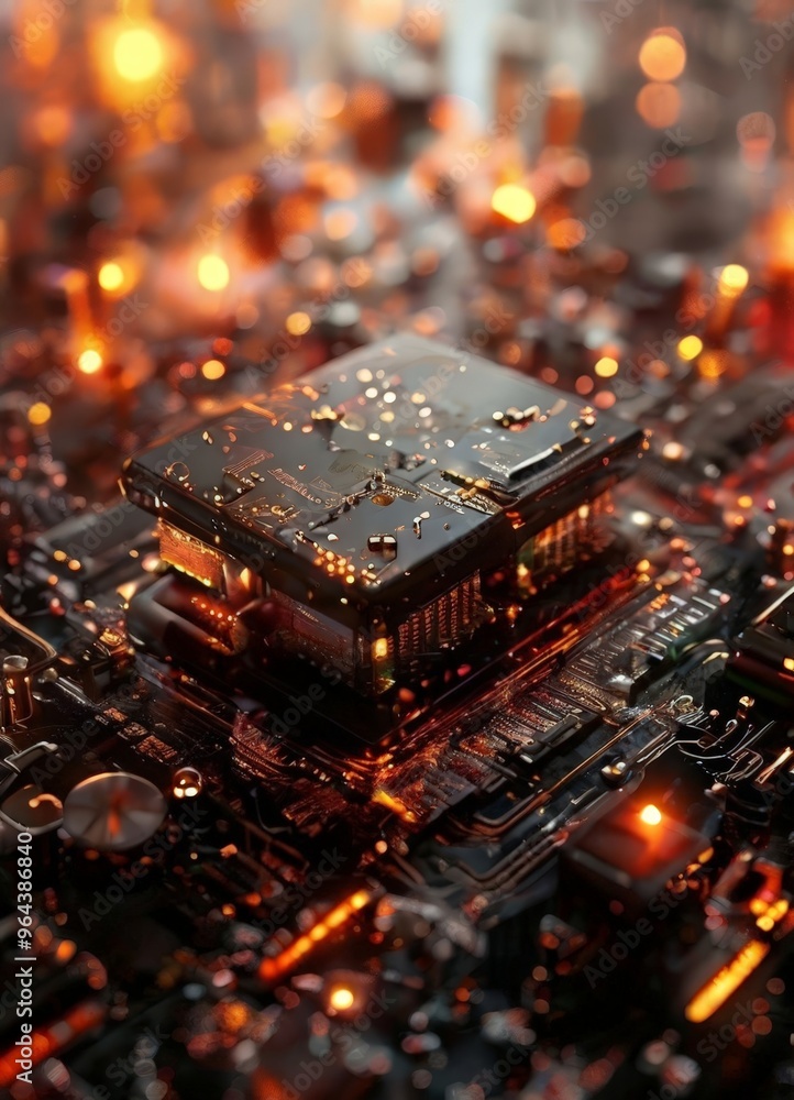 Poster a close-up view of a circuit board with various electronic components, including a central processor