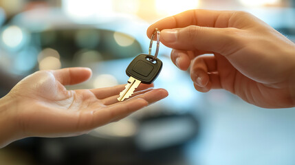 Close-up of car keys being handed over in a dealership setting