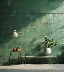 A minimalist indoor setting with a green wall, a white lamp, a wooden table with a plant, and a white vase with a plant, all bathed in natural light.