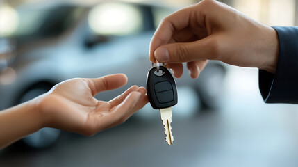 Close-up of hands exchanging car keys with a blurred car in the background