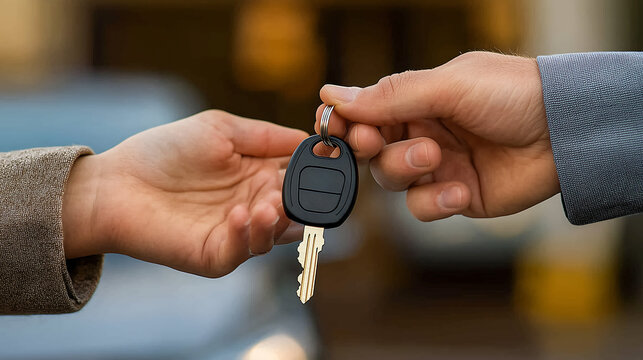 Hands exchanging car keys in an outdoor dealership setting