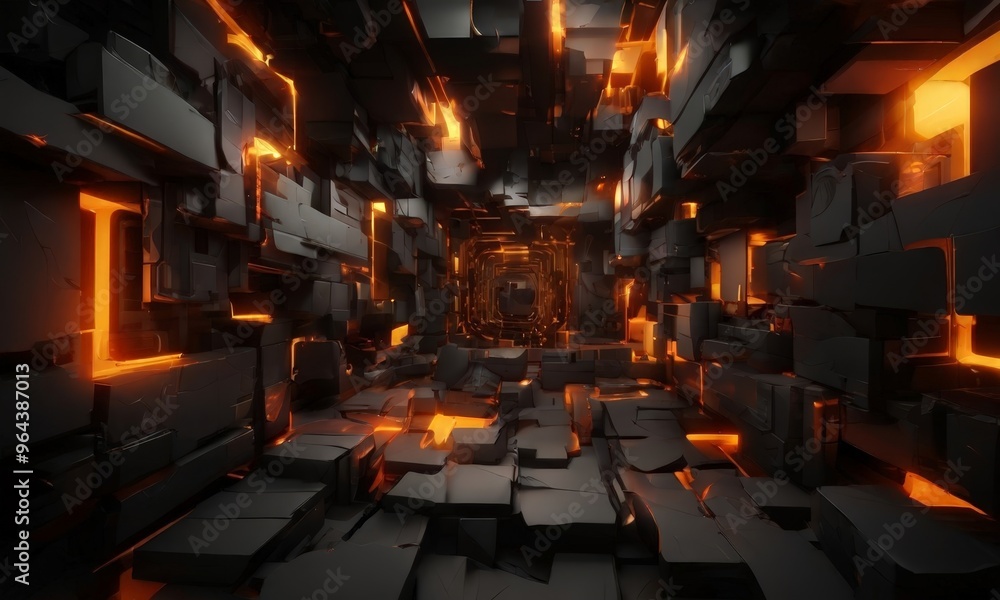 Poster dark, cavernous space filled with numerous black cubes, each emitting a warm orange glow. the cubes 
