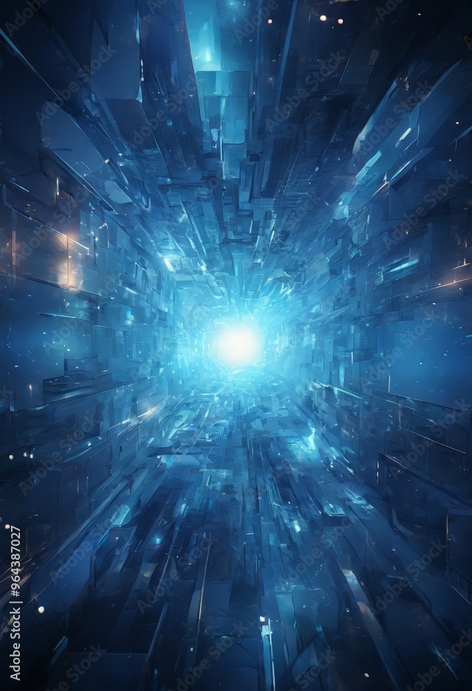 Poster futuristic, technological scene with a tunnel-like structure composed of numerous metallic cubes, ea