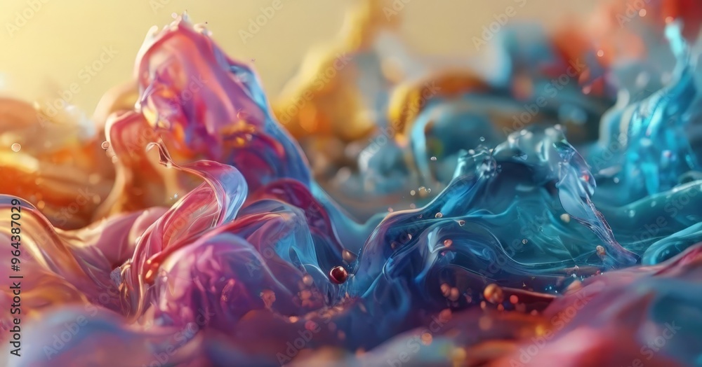Poster a close-up of a vibrant abstract composition featuring swirling, multicolored fluid patterns in shad