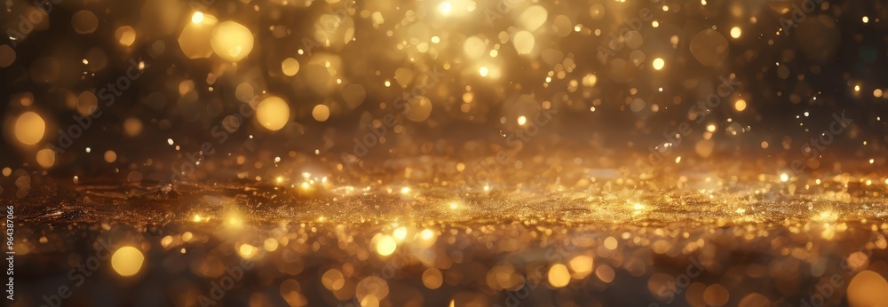 Poster a glittering, golden surface with a multitude of small, circular lights scattered across it, creatin