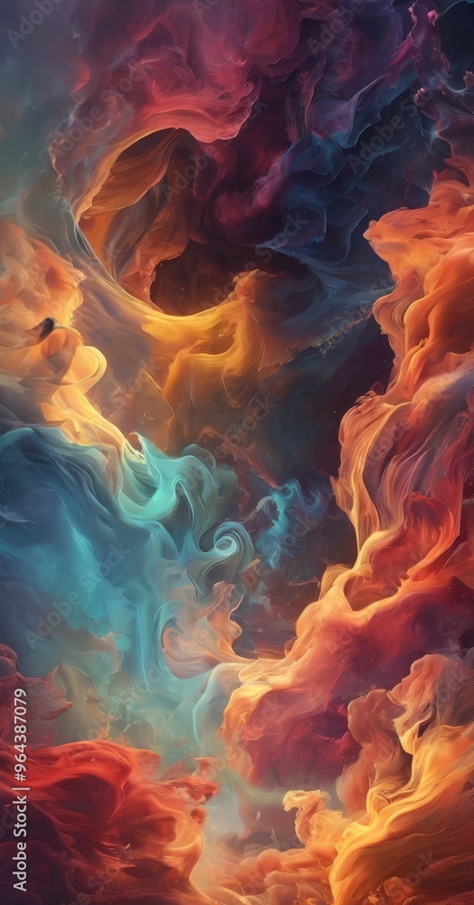 Poster a vibrant, abstract digital artwork featuring swirling, multicolored patterns and shapes, creating a dynamic and visually composition.