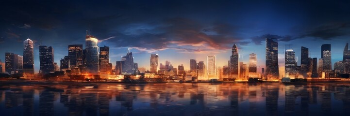 Obraz premium a vibrant cityscape at sunset, with a skyline of illuminated skyscrapers reflected in the calm waters below. The sky is filled with dramatic clouds, creating a striking contrast