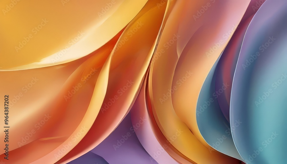 Poster vibrant abstract composition of overlapping curved lines in various shades of orange, yellow, and bl