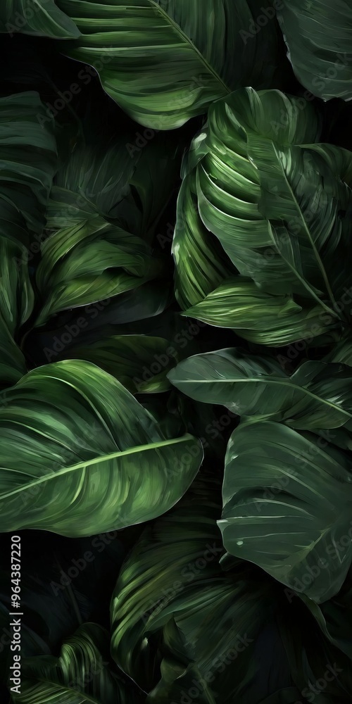 Poster dense, lush arrangement of large, vibrant green leaves, creating a sense of depth and complexity. th