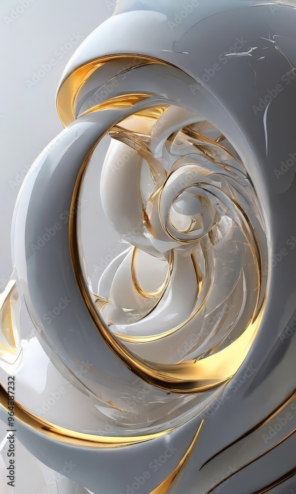 Aufkleber complex, abstract composition of white and gold shapes, creating a sense of depth and movement.