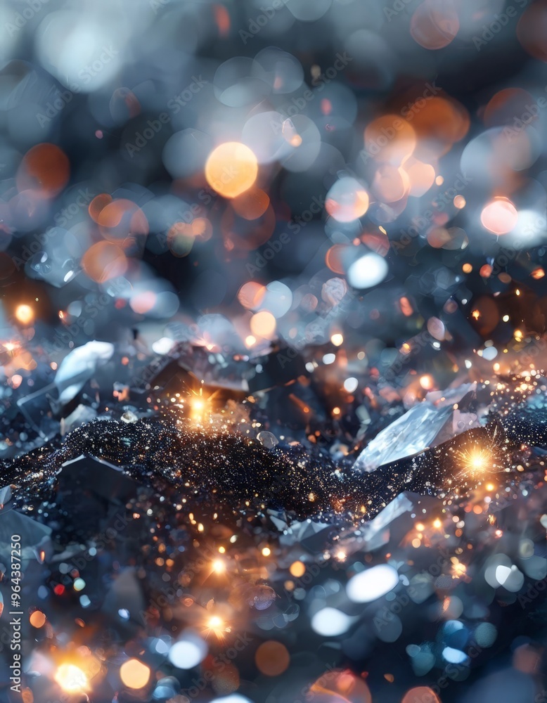 Poster a digital art piece featuring a close-up view of a dark, glittery surface with a multitude of small,