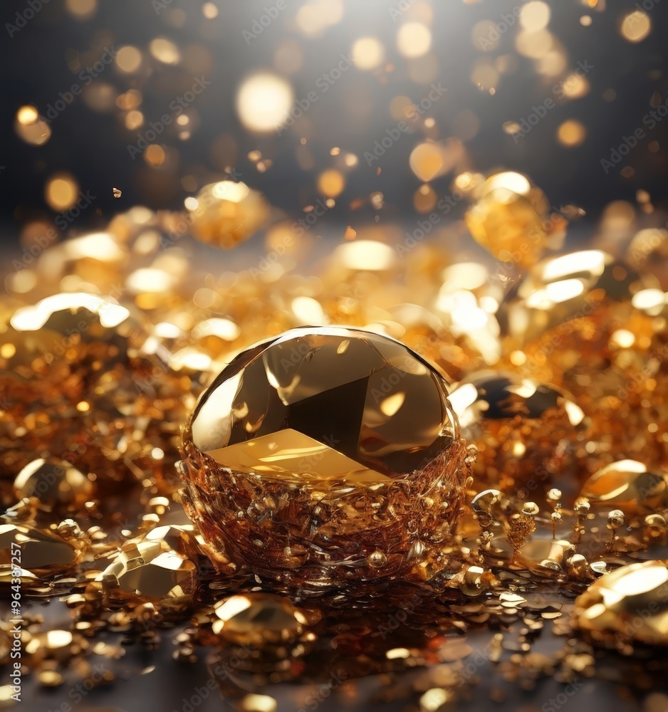 Poster a close-up view of a golden sphere surrounded by a scattering of smaller golden spheres, set against
