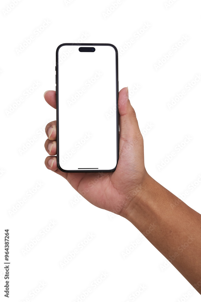 Poster hand holding smart phone with blank screen and modern frameless design app - isolated on white backg