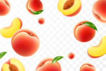 Flying ripe peach. Bright advertising background falling juicy sweet peach, realistic illustration with blurred effect. 3d vector design for advertising banners and web page design