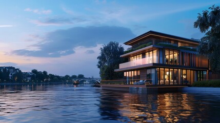 Obraz premium 3d rendering of modern house by the river at morning, house, luxury, villa, modern, architecture, building, exterior, residential, property, designer