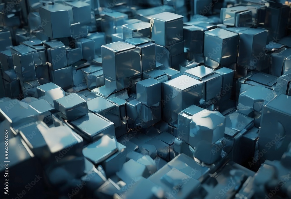Poster a complex arrangement of metallic cubes in shades of blue, creating a visually striking and abstract