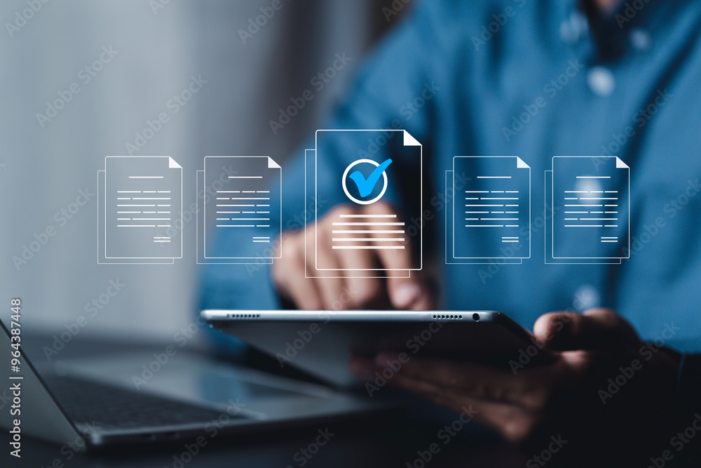 Poster businessman use document icon on virtual screen checklist and documentation management, business gro
