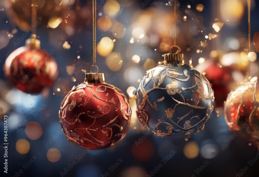 Poster a close-up view of two ornate christmas ornaments, one red and one blue, suspended from strings agai