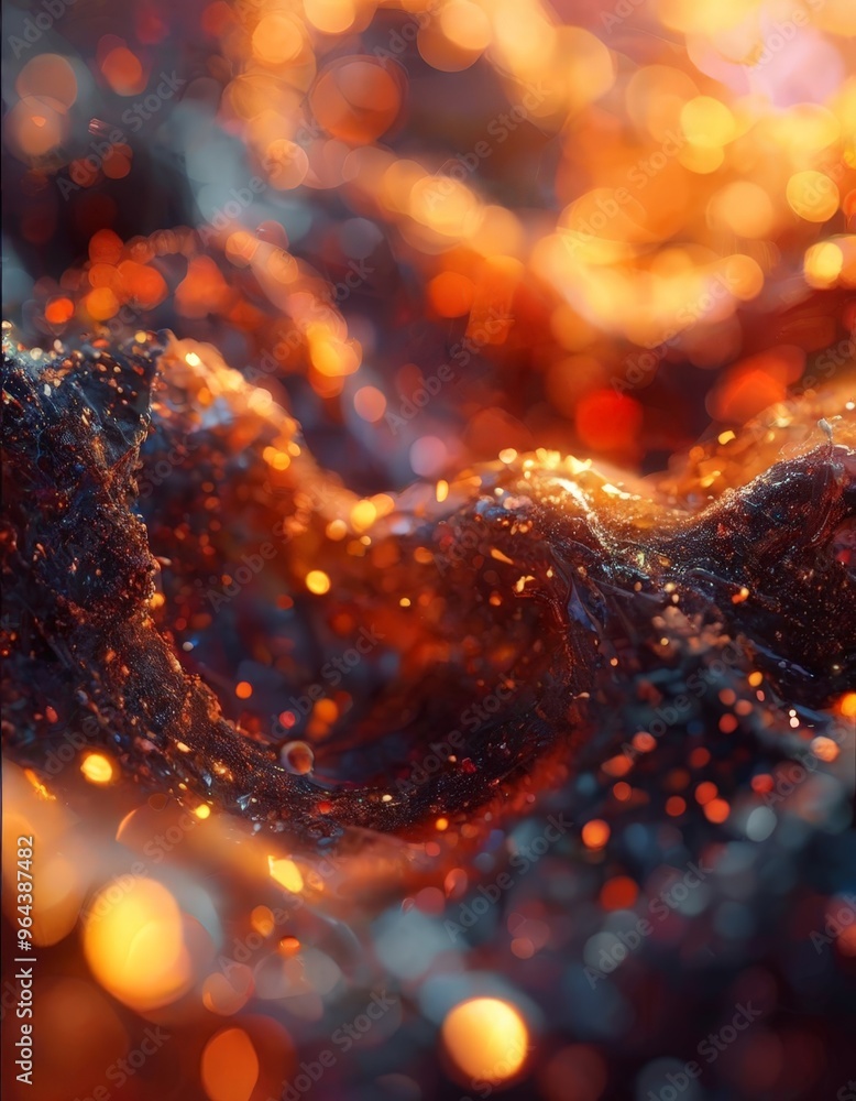 Poster a close-up of a textured surface with a fiery, abstract pattern of orange and red hues, creating a s