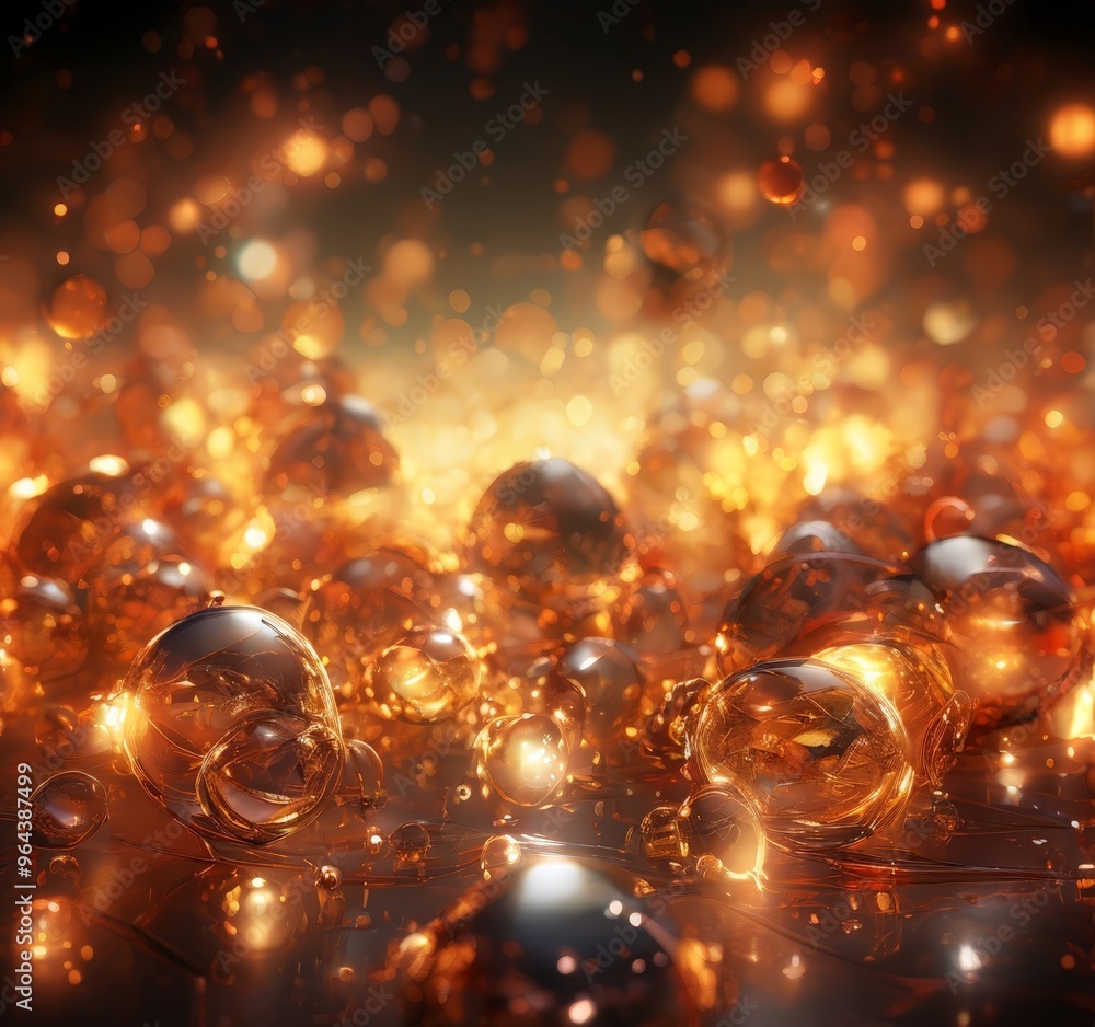 Poster collection of spherical objects, possibly glass or metal, scattered across a dark background. the ob
