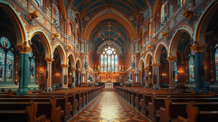 A stunning and intricately designed interior of a historic cathedral with beautiful stained glass windows and ornate architectural details that exude grandeur and reverence