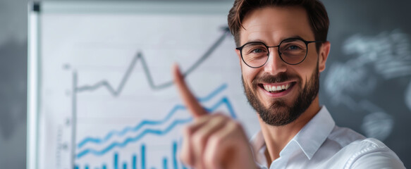 business man executive manager holding presentation of growth concept idea in front of shareholders in meeting office of a company. showing finger on white board.