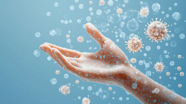 Abstract illustration of an extended hand surrounded by virus particles, representing monkeypox transmission and infection prevention