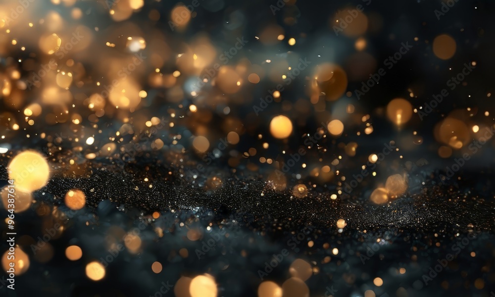 Poster dark background with a multitude of small, glowing circles in various shades of gold and black, crea