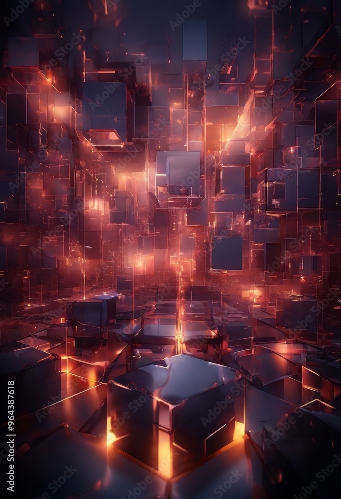 Poster digital art piece featuring a complex arrangement of glowing cubes, creating a futuristic and abstra