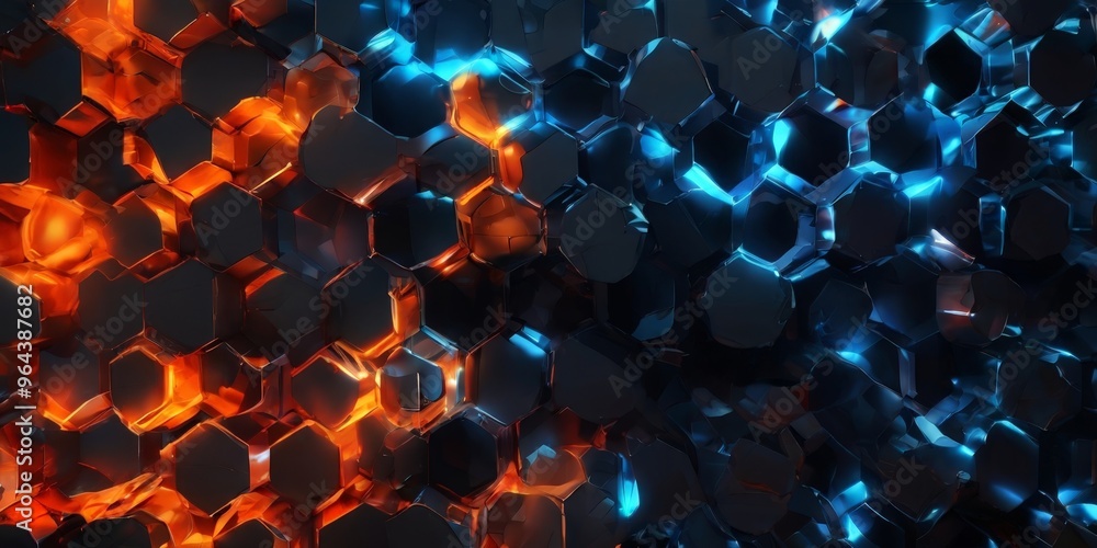 Poster hexagonal pattern composed of black and orange hexagons, with some areas illuminated by blue light, 