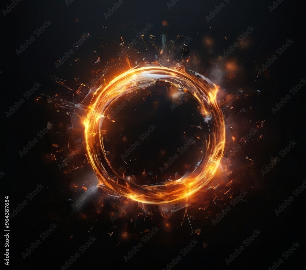 Poster a fiery ring of light and smoke engulfs the center of the image, creating a and dynamic visual effec