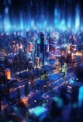 Obraz premium A futuristic cityscape with towering skyscrapers and a vibrant, colorful night sky.