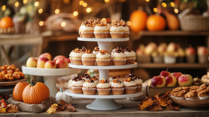 Various desserts, cake, cookies, pastries and macaroons on a beautifully decorated table in autumn style