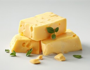 Three pieces of yellow cheese with green leaves on a white background.