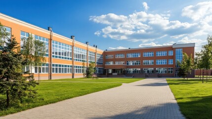 Modern School Building with Green Lawn and Pathway