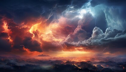 Obraz premium a dramatic sky with vibrant orange and red clouds, a bright blue sky with lightning bolts, and a cityscape in the distance.