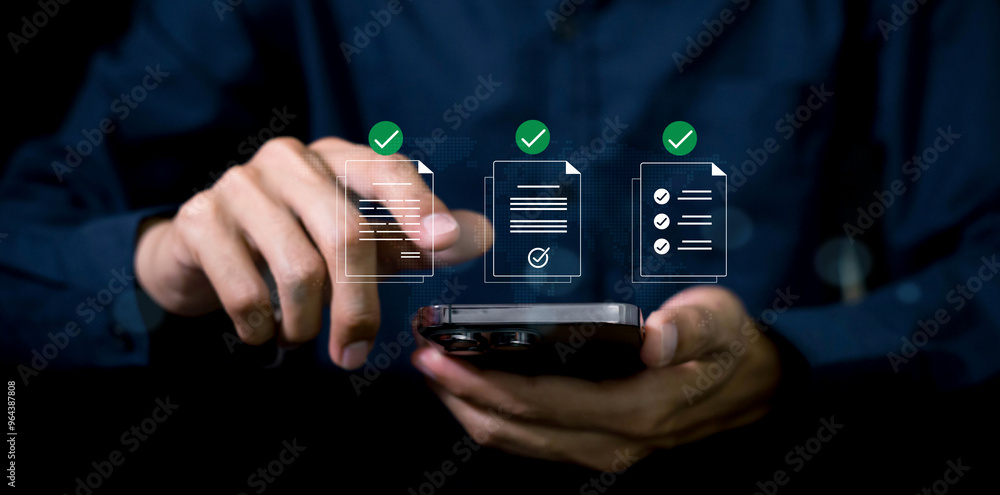 Poster businessman use document icon on virtual screen checklist and documentation management, business gro