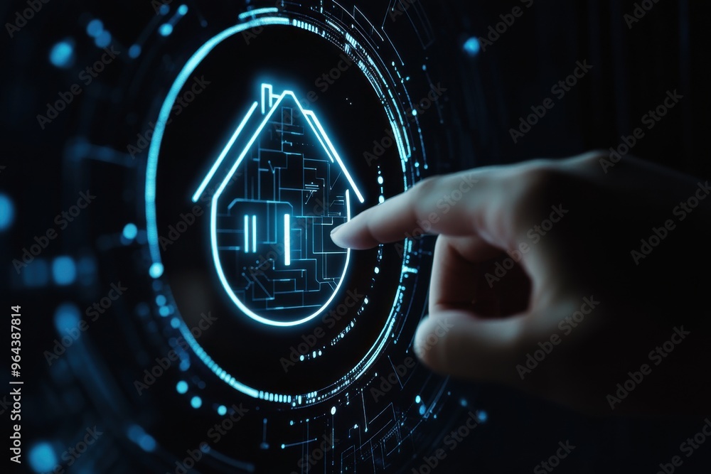 Poster concept of a smart home with a digital interface and a finger pointing at a futuristic house icon, h