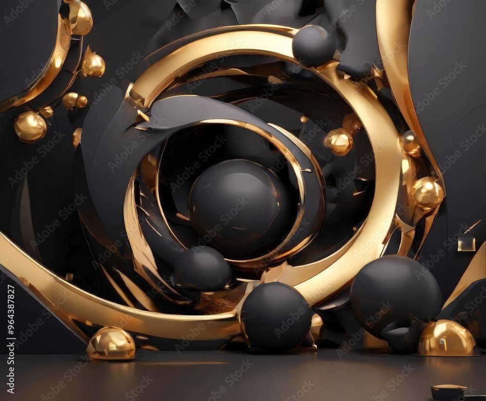 Poster striking abstract composition featuring a central black sphere surrounded by a swirling pattern of g