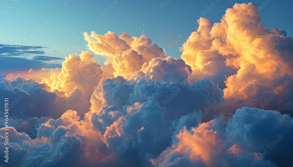 Poster a breathtaking aerial view of a sky filled with vibrant clouds, bathed in the warm glow of the setti
