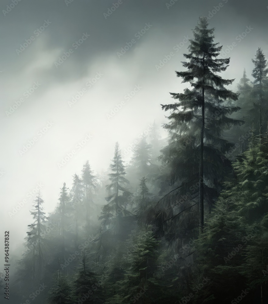 Poster a dense forest of evergreen trees shrouded in a thick fog, creating an ethereal and mysterious atmos