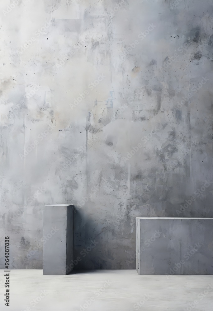 Poster a minimalist image of a concrete wall with two rectangular blocks on either side, set against a plai