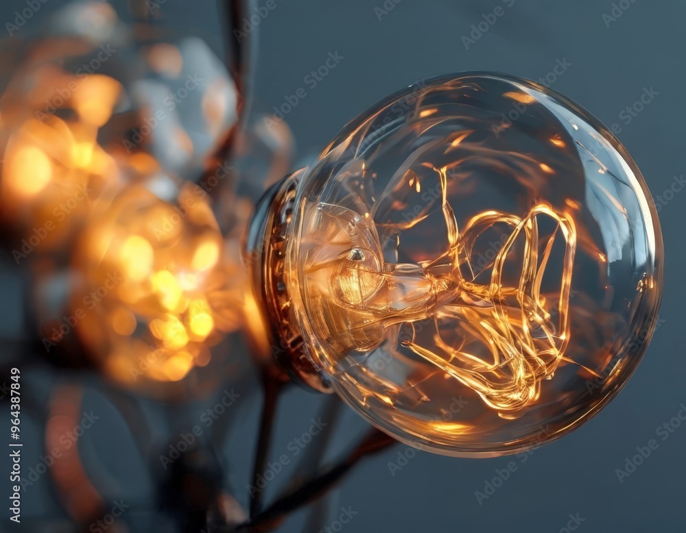 Poster a close-up image of a single light bulb, with a blurred background of additional light bulbs, creati